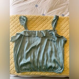 ASTR The Label Aqua Blue Satin Silky Ruffle Crop Top